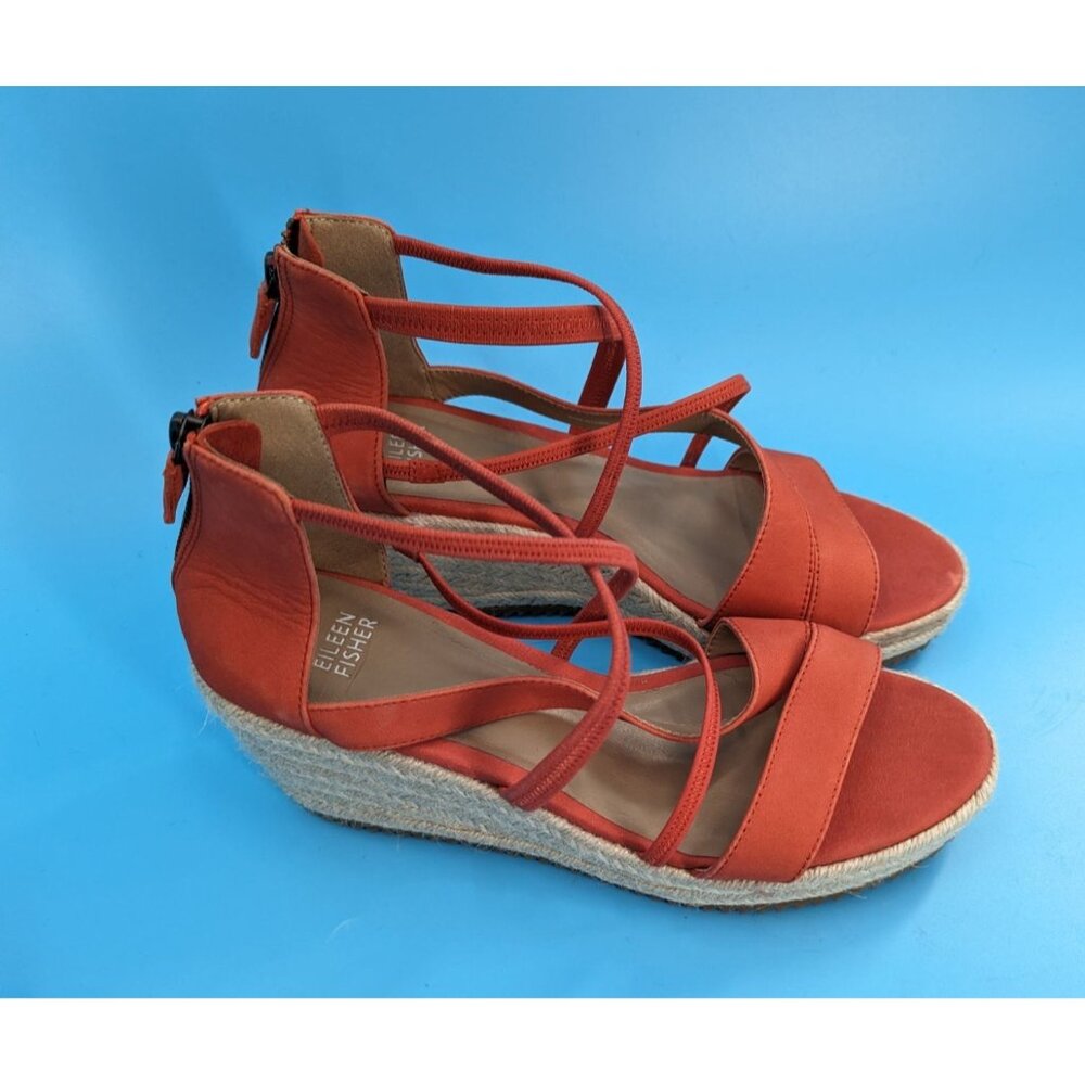 Eileen Fisher Wanda Strappy Leather Wedge‎ Sandals Espadrille Orange $195 NEW